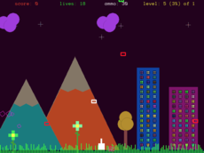Game has 5 levels. Each level gets progressively harder. Your goal is to complete all levels and get the highest score. The various bricks are falling from the sky. You control a white turret at the bottom. The goal of the game is to kill off as many bricks as possible. Each brick that you miss and it hits the bottom decreases the life count -1. Each brick you hit - gives you ammo (white) or an extra life (green) or a +1 score (red).