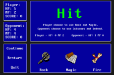 The objective is to beat your opponent by lowering HP to 0. You can choose either rock, paper, or scissors to start. You can then choose to attack with just that throw, use magic, or defend. If using Magic, you will be prompted to choose Fire, Water, or Earth. Using Magic will cost MP.
